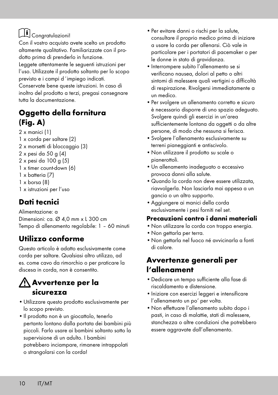 Oggetto della fornitura (fig. a), Dati tecnici, Utilizzo conforme | Avvertenze per la sicurezza, Avvertenze generali per l‘allenament | Crivit SP-1998 User Manual | Page 10 / 28
