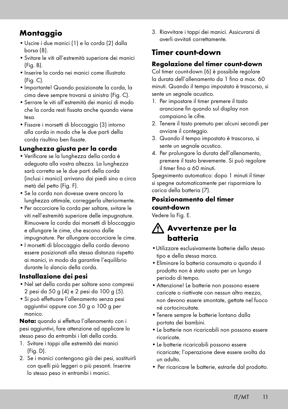 Montaggio, Timer count-down, Avvertenze per la batteria | Crivit SP-1998 User Manual | Page 11 / 28