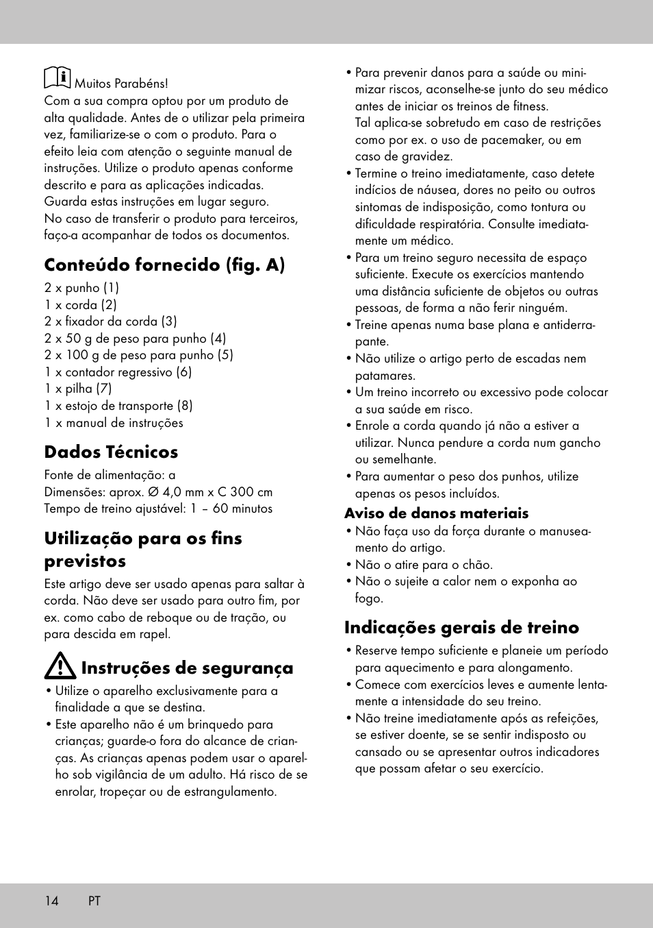 Conteúdo fornecido (fig. a), Dados técnicos, Utilização para os fins previstos | Instruções de segurança, Indicações gerais de treino | Crivit SP-1998 User Manual | Page 14 / 28