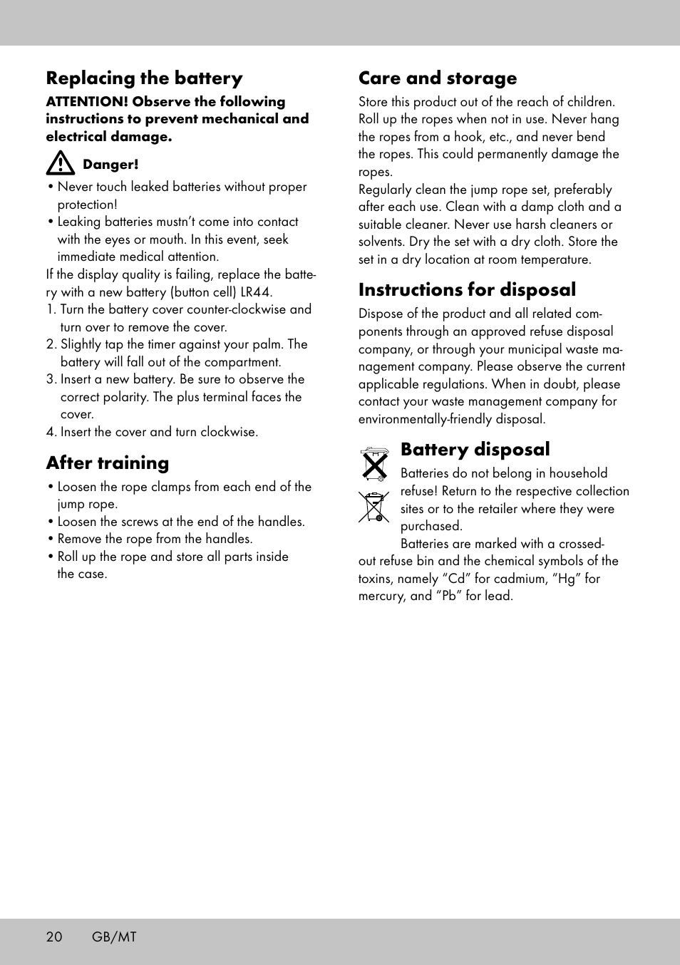 Replacing the battery, After training, Care and storage | Instructions for disposal, Battery disposal | Crivit SP-1998 User Manual | Page 20 / 28
