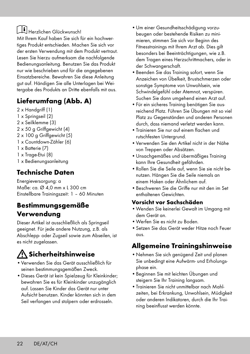 Lieferumfang (abb. a), Technische daten, Bestimmungsgemäße verwendung | Sicherheitshinweise, Allgemeine trainingshinweise | Crivit SP-1998 User Manual | Page 22 / 28