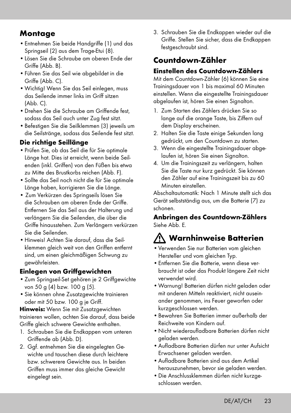 Montage, Countdown-zähler, Warnhinweise batterien | Crivit SP-1998 User Manual | Page 23 / 28