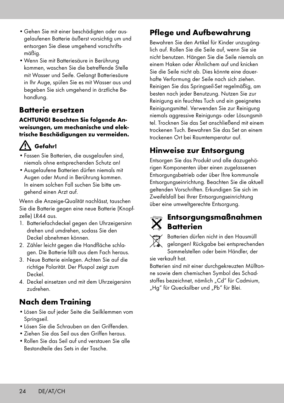 Pflege und aufbewahrung, Hinweise zur entsorgung, Entsorgungsmaßnahmen batterien | Batterie ersetzen, Nach dem training | Crivit SP-1998 User Manual | Page 24 / 28