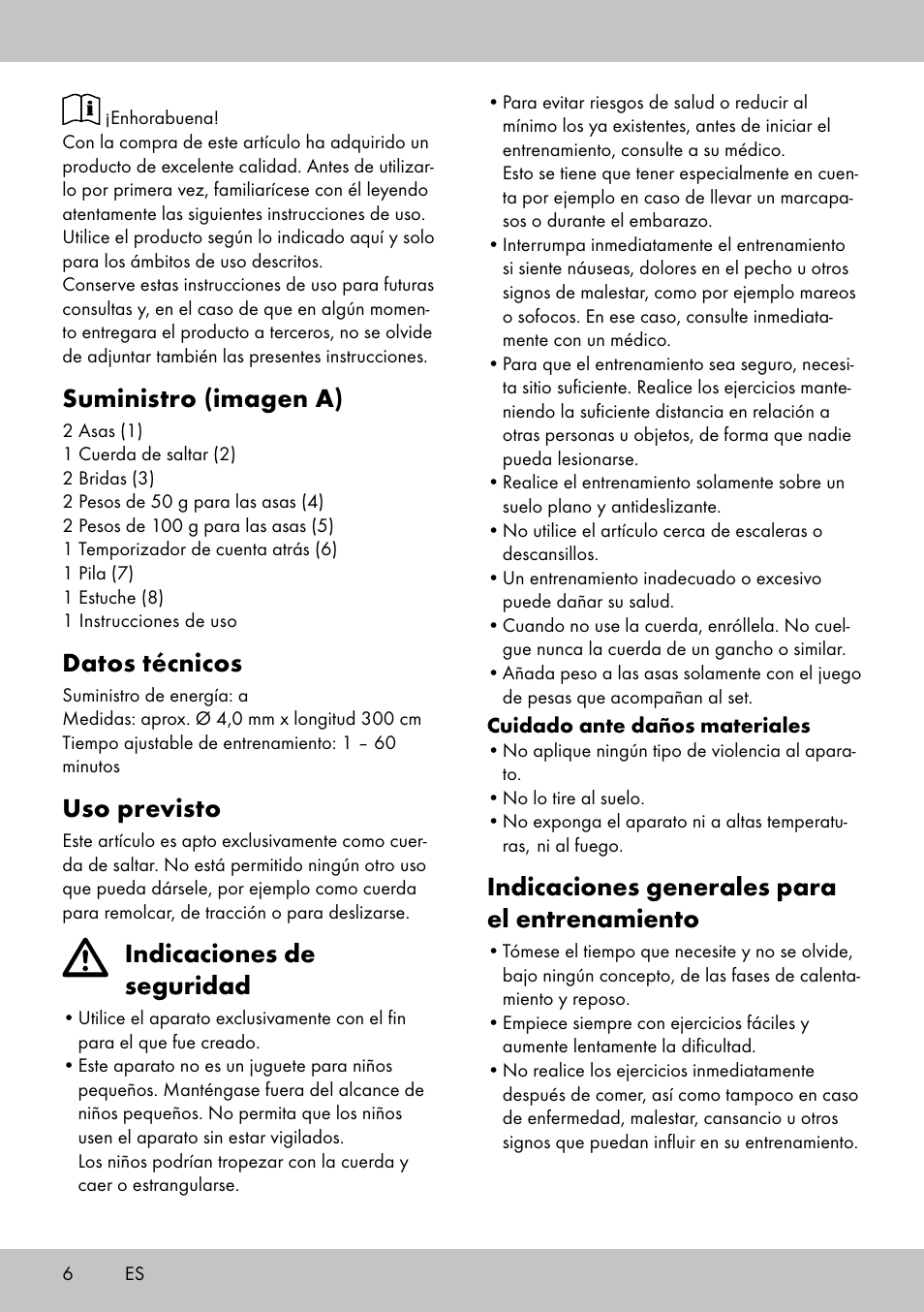 Suministro (imagen a), Datos técnicos, Uso previsto | Indicaciones de seguridad, Indicaciones generales para el entrenamiento | Crivit SP-1998 User Manual | Page 6 / 28