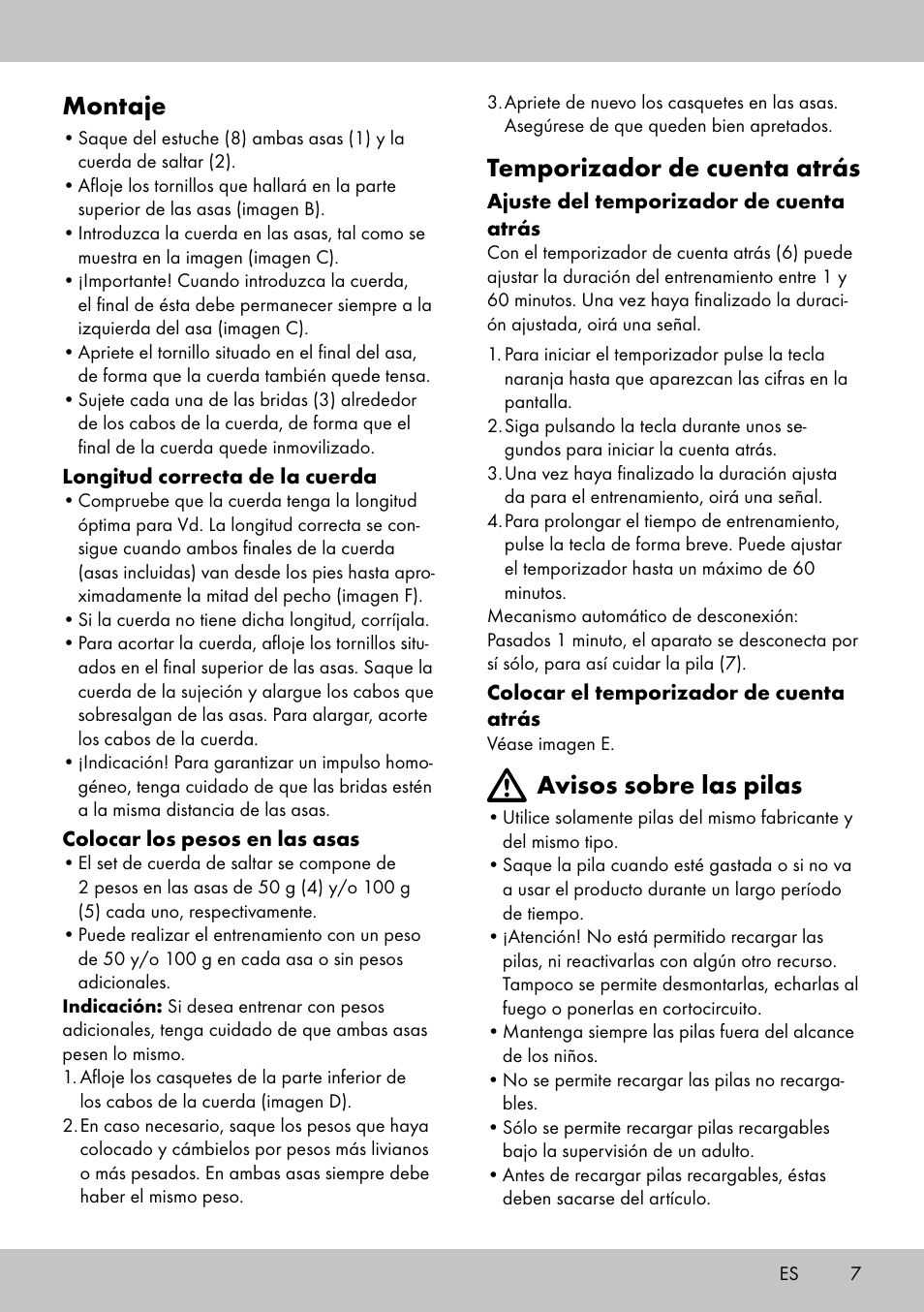 Montaje, Temporizador de cuenta atrás, Avisos sobre las pilas | Crivit SP-1998 User Manual | Page 7 / 28