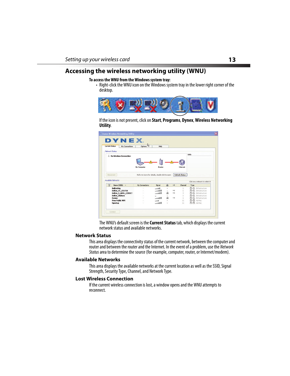 Accessing the wireless networking utility (wnu), 13 accessing the wireless networking utility (wnu) | Dynex DX-NNBC User Manual | Page 13 / 33