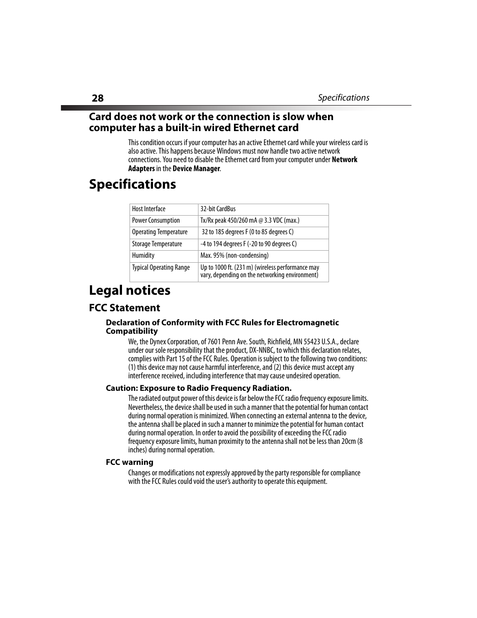 Specifications, Legal notices, Fcc statement | Specifications legal notices | Dynex DX-NNBC User Manual | Page 28 / 33