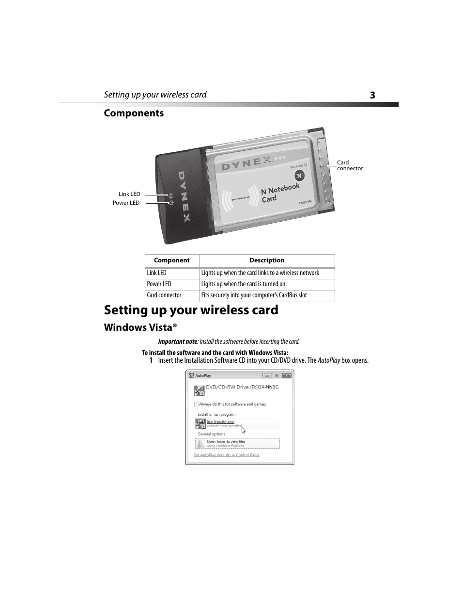 Components, Setting up your wireless card, Windows vista | 3components | Dynex DX-NNBC User Manual | Page 3 / 33