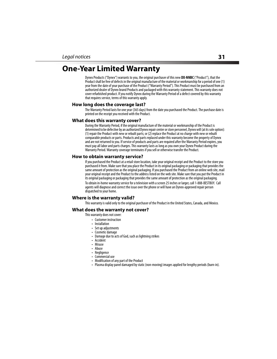 One-year limited warranty | Dynex DX-NNBC User Manual | Page 31 / 33