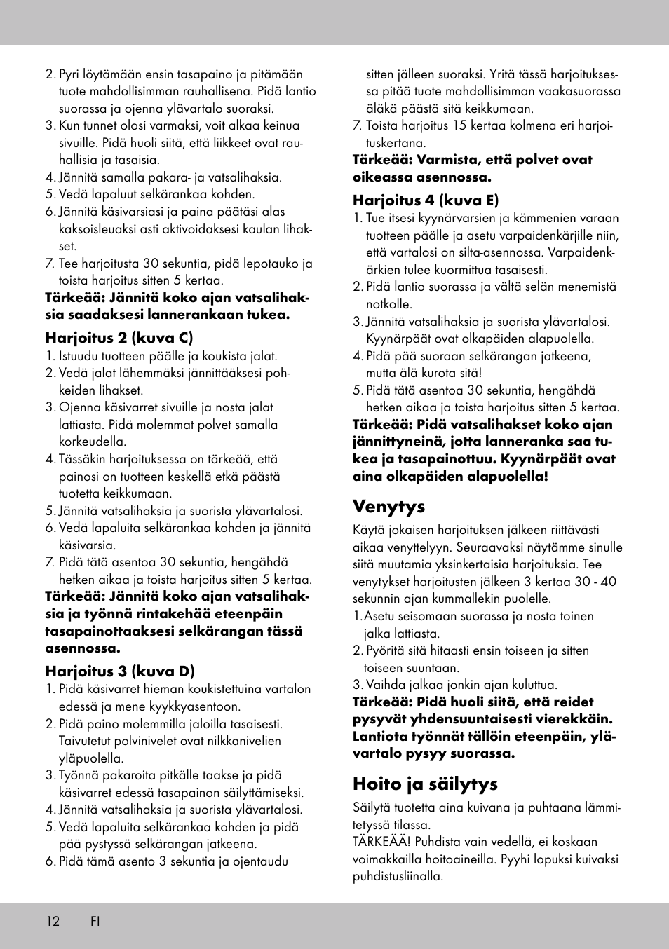 Venytys, Hoito ja säilytys | Crivit BB-1789 User Manual | Page 12 / 36
