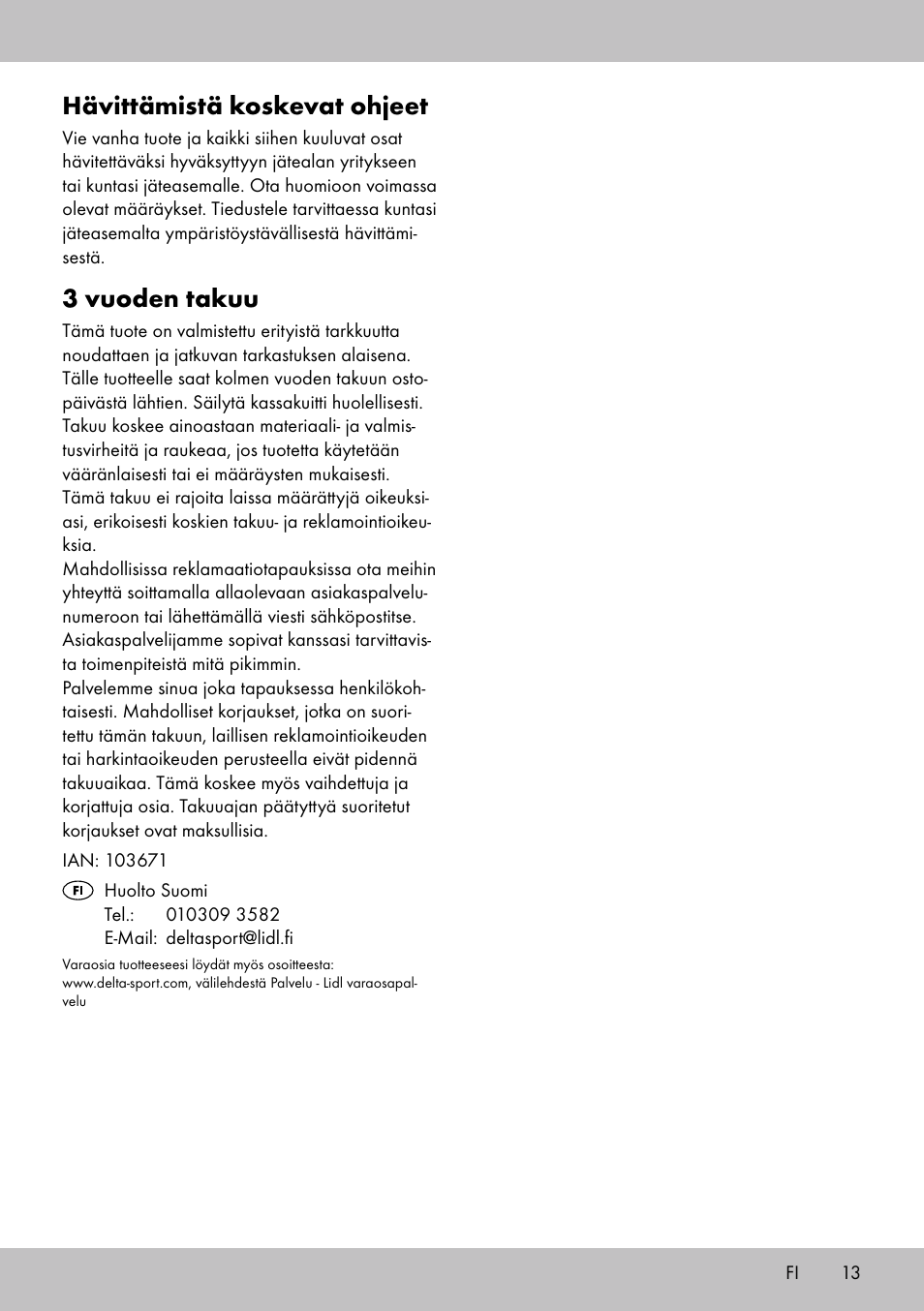 Hävittämistä koskevat ohjeet, 3 vuoden takuu | Crivit BB-1789 User Manual | Page 13 / 36