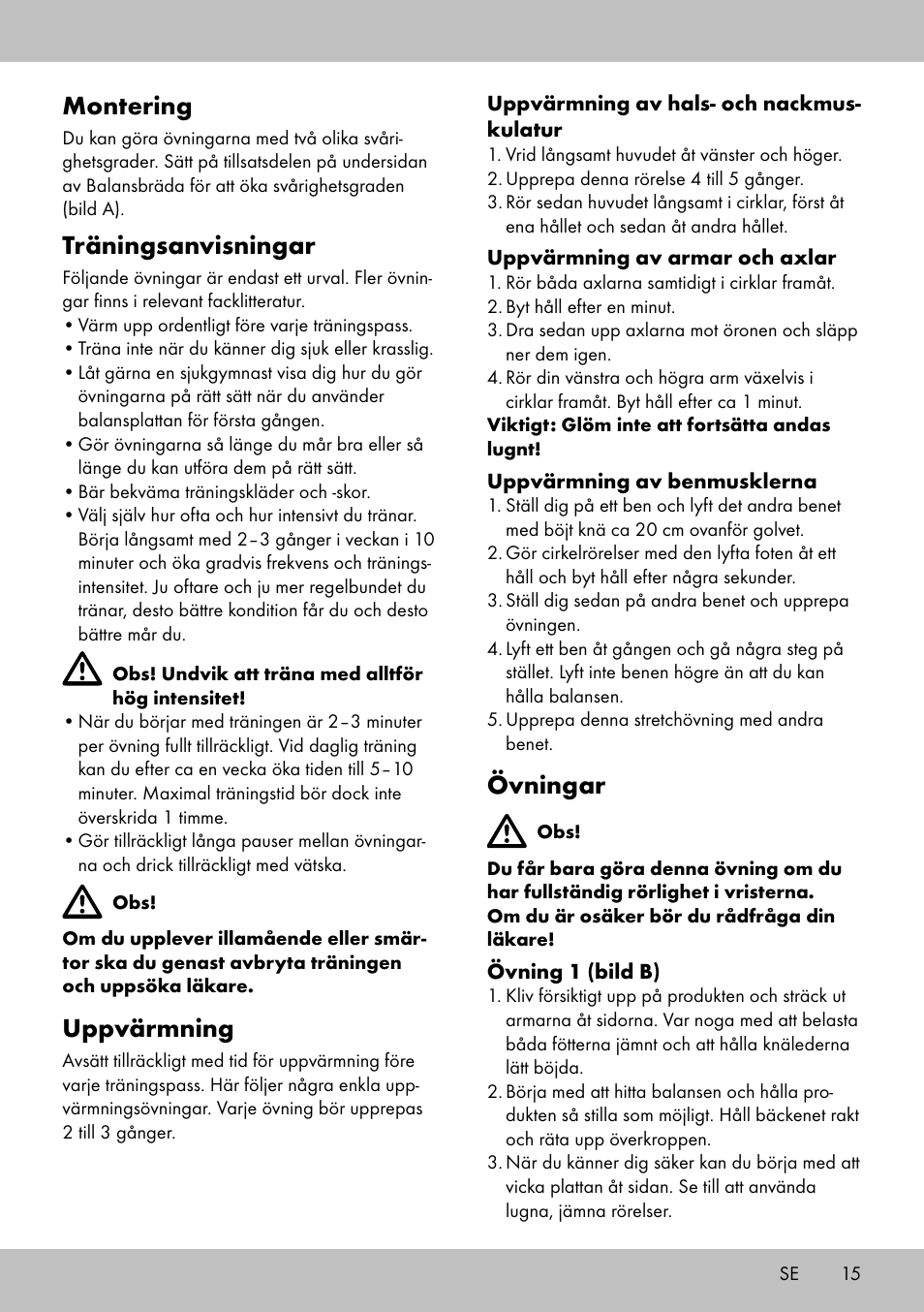 Övningar, Montering, Träningsanvisningar | Uppvärmning | Crivit BB-1789 User Manual | Page 15 / 36