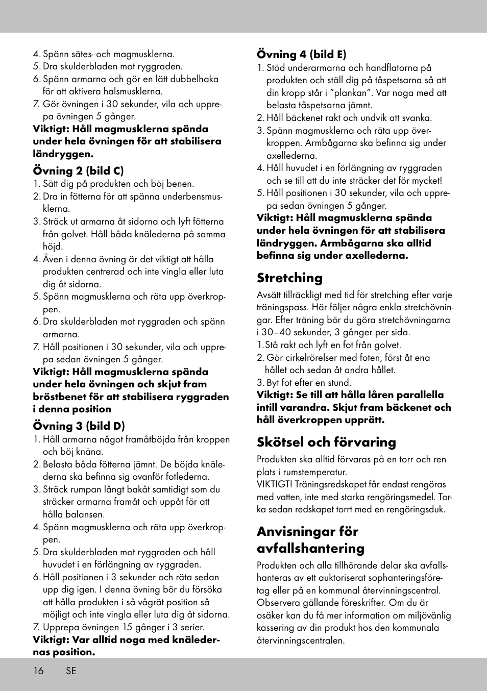 Stretching, Skötsel och förvaring, Anvisningar för avfallshantering | Crivit BB-1789 User Manual | Page 16 / 36