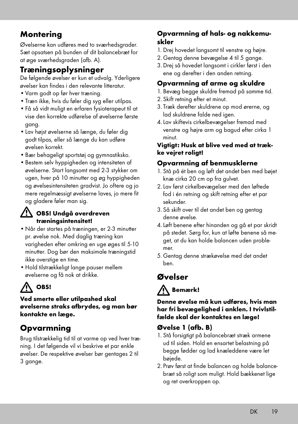 Øvelser, Montering, Træningsoplysninger | Opvarmning | Crivit BB-1789 User Manual | Page 19 / 36