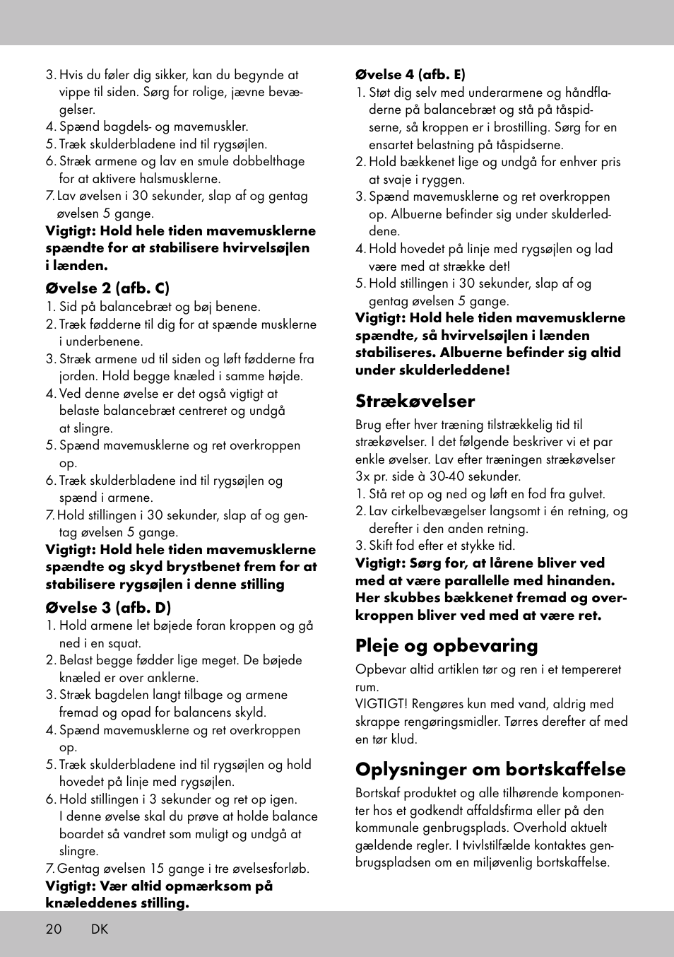 Strækøvelser, Pleje og opbevaring, Oplysninger om bortskaffelse | Crivit BB-1789 User Manual | Page 20 / 36