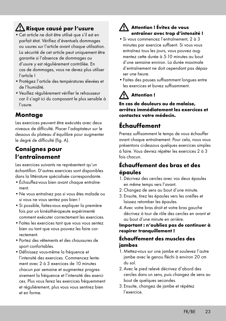 Échauffement, Montage, Consignes pour l‘entraînement | Crivit BB-1789 User Manual | Page 23 / 36