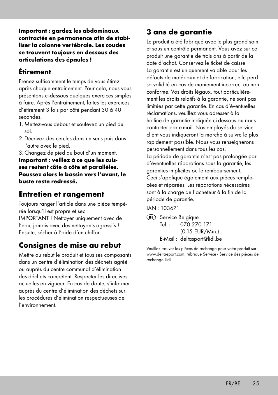 3 ans de garantie, Entretien et rangement, Consignes de mise au rebut | Étirement | Crivit BB-1789 User Manual | Page 25 / 36