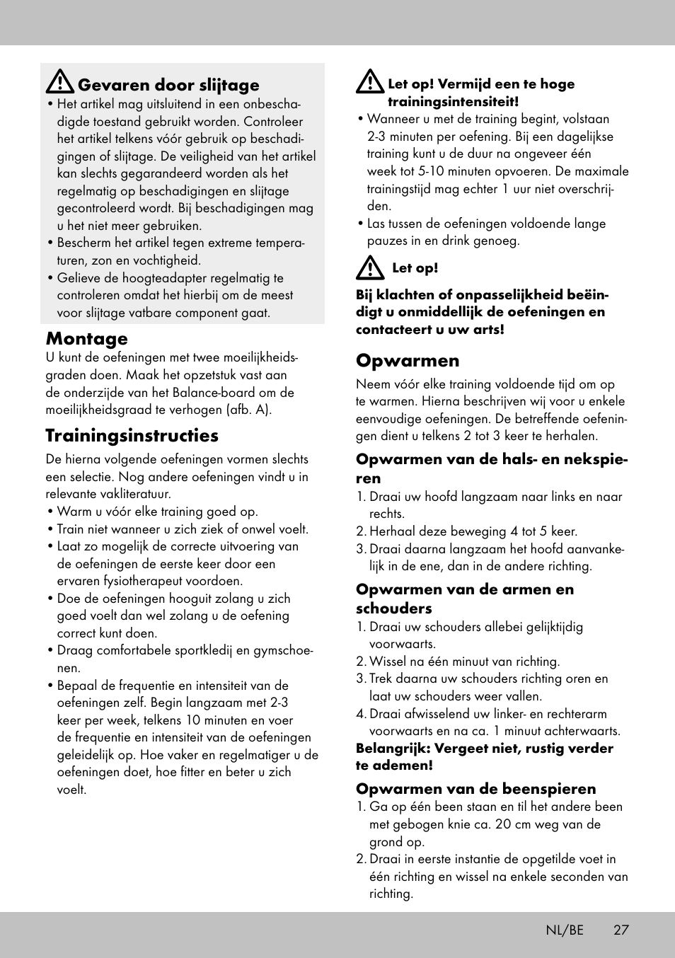 Opwarmen, Montage, Trainingsinstructies | Crivit BB-1789 User Manual | Page 27 / 36