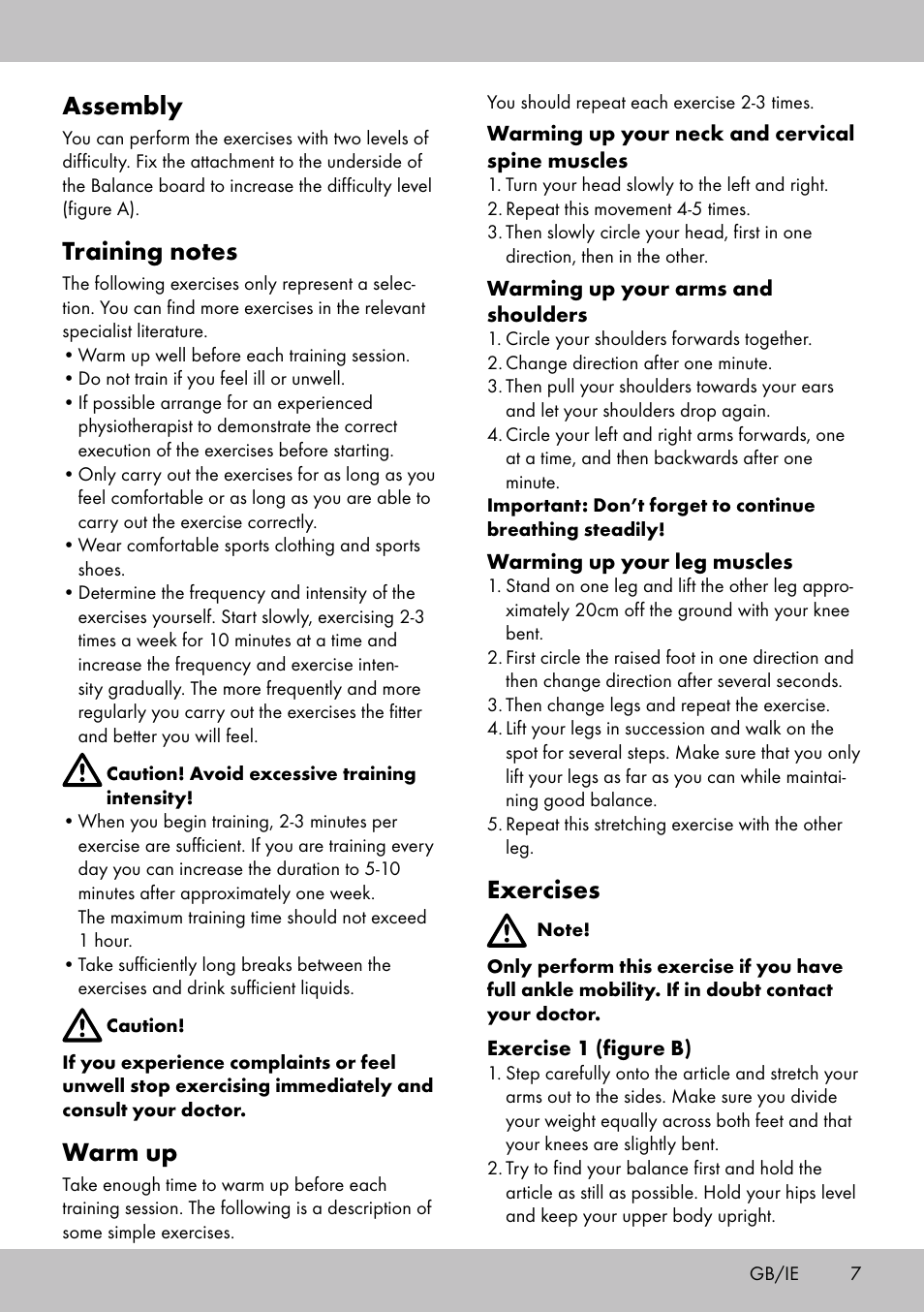 Exercises, Assembly, Warm up | Crivit BB-1789 User Manual | Page 7 / 36