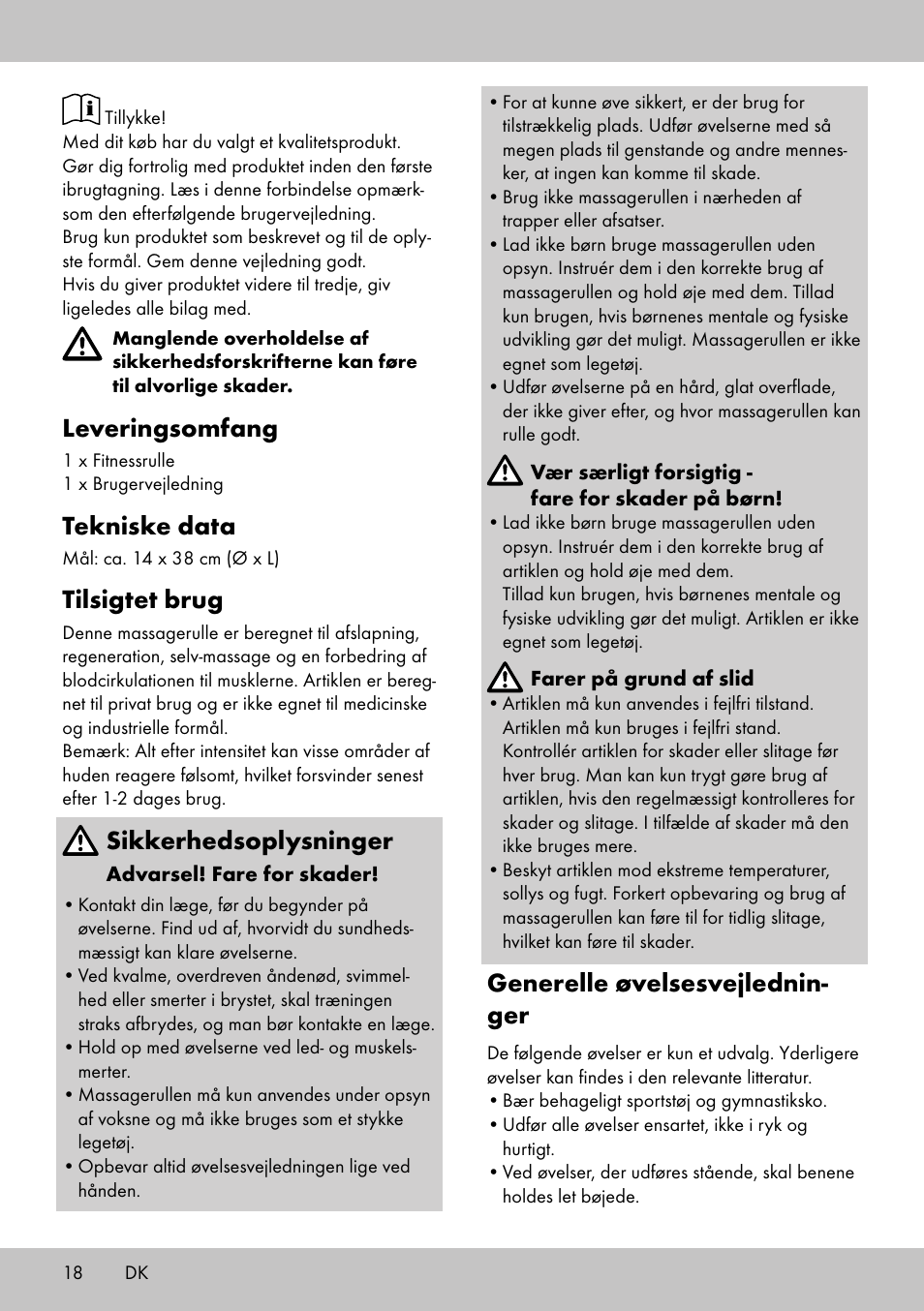 Leveringsomfang, Tekniske data, Tilsigtet brug | Sikkerhedsoplysninger, Generelle øvelsesvejlednin- ger | Crivit BB-2035 User Manual | Page 16 / 34