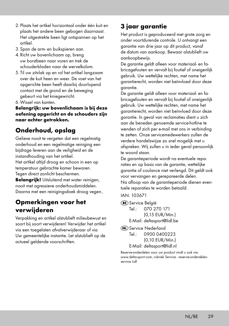 3 jaar garantie, Onderhoud, opslag, Opmerkingen voor het verwijderen | Crivit BB-2035 User Manual | Page 27 / 34