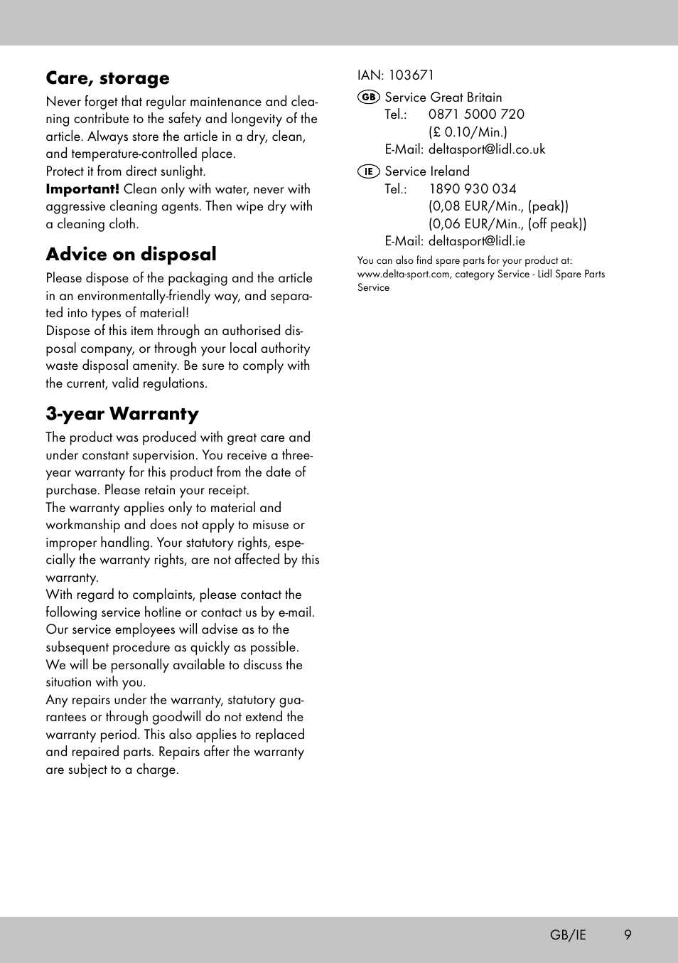 Care, storage, Advice on disposal, Year warranty | Crivit BB-2035 User Manual | Page 7 / 34