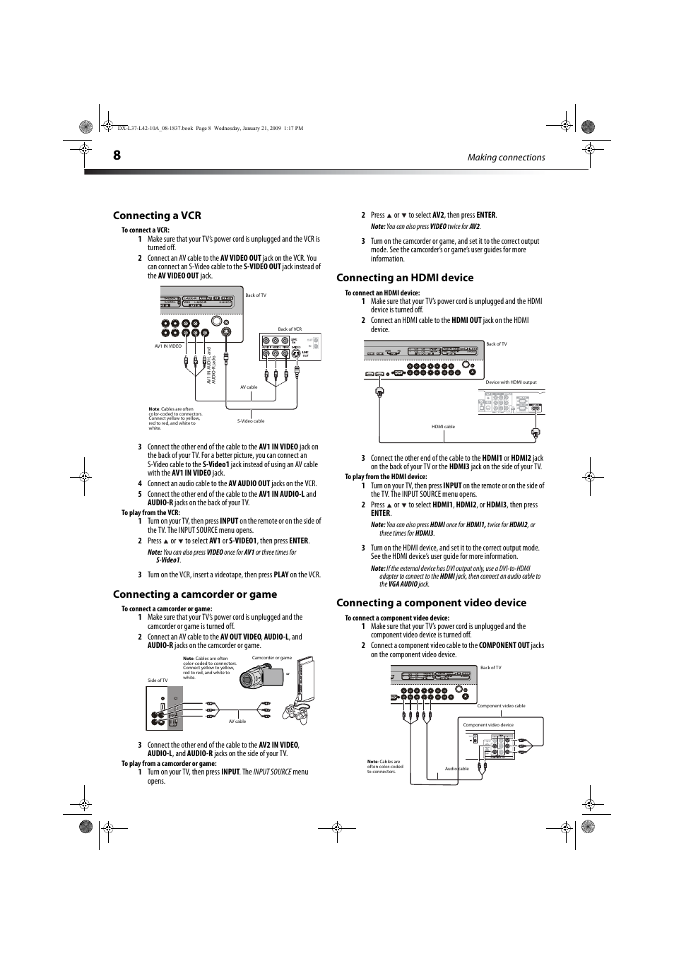 Connecting a vcr, Connecting a camcorder or game, Connecting an hdmi device | Connecting a component video device, E “connecting a component video device, E “connecting a vcr | Dynex DX-L37-10A User Manual | Page 11 / 36