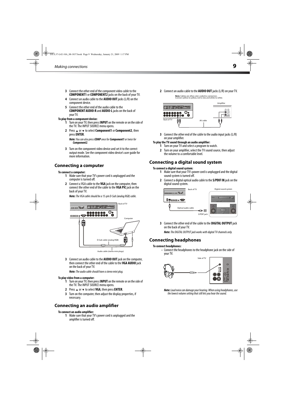 Connecting a computer, Connecting an audio amplifier, Connecting a digital sound system | Connecting headphones, Connecting a digital sound system” o, Connecting a computer” on | Dynex DX-L37-10A User Manual | Page 12 / 36