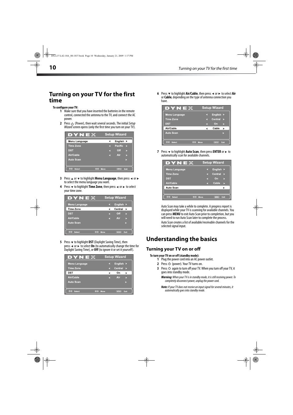 Turning on your tv for the first time, Understanding the basics, Turning your tv on or off | Dynex DX-L37-10A User Manual | Page 13 / 36