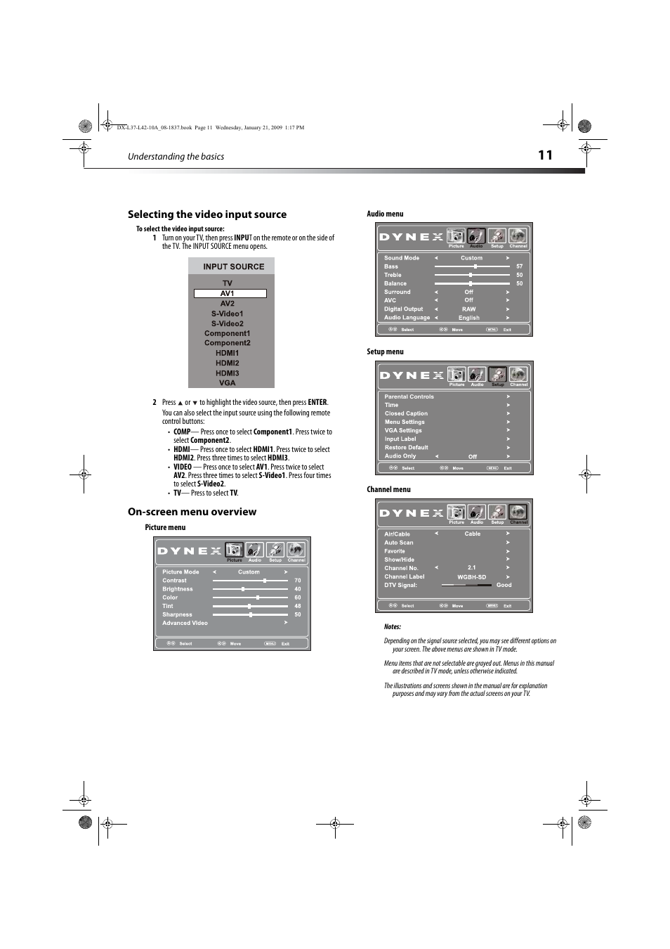 Selecting the video input source, On-screen menu overview | Dynex DX-L37-10A User Manual | Page 14 / 36