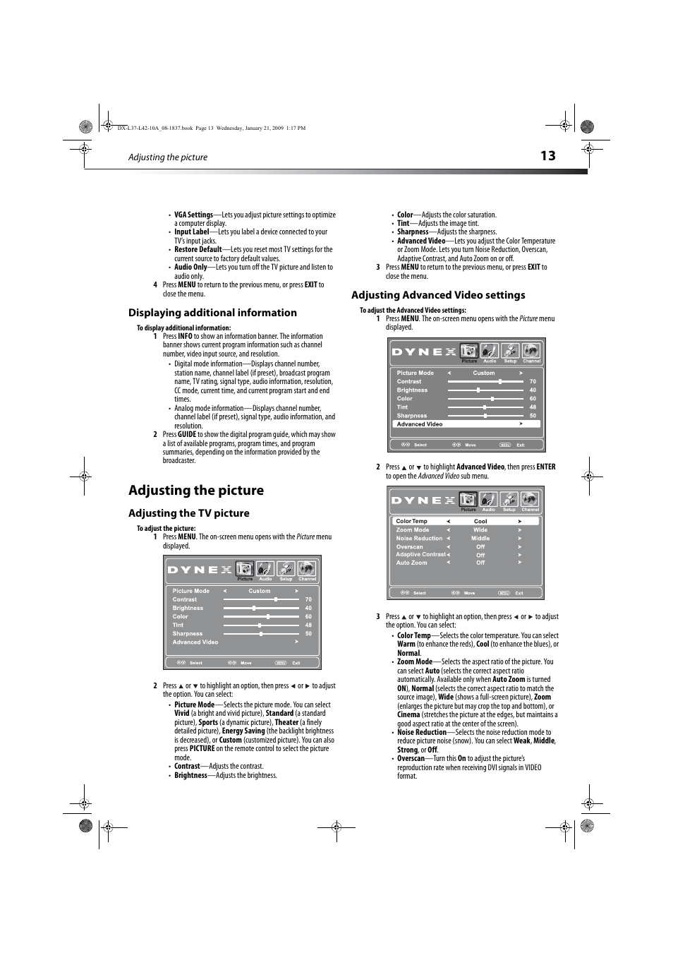 Displaying additional information, Adjusting the picture, Adjusting the tv picture | Adjusting advanced video settings, E “displaying additional information | Dynex DX-L37-10A User Manual | Page 16 / 36