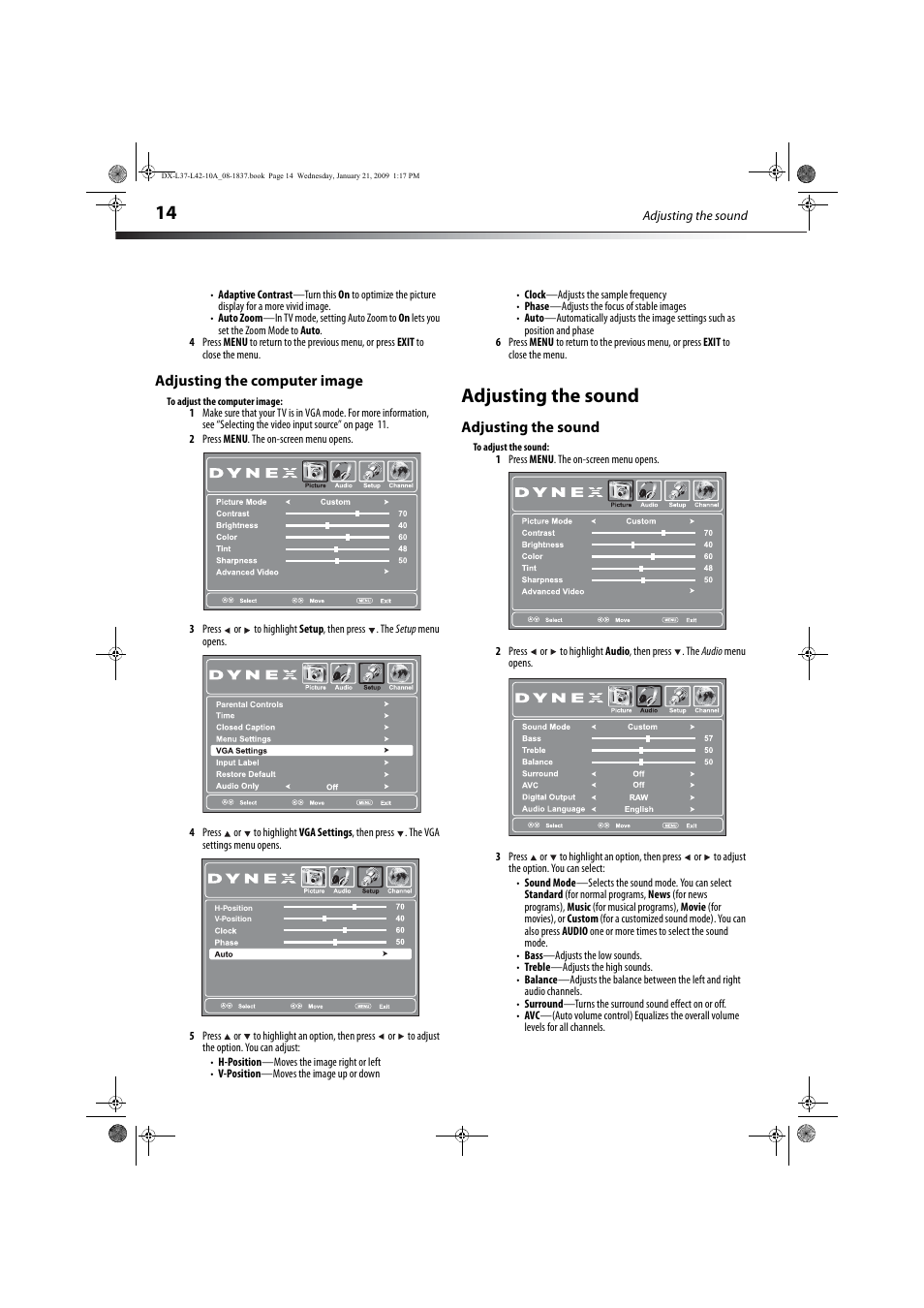 Adjusting the computer image, Adjusting the sound | Dynex DX-L37-10A User Manual | Page 17 / 36