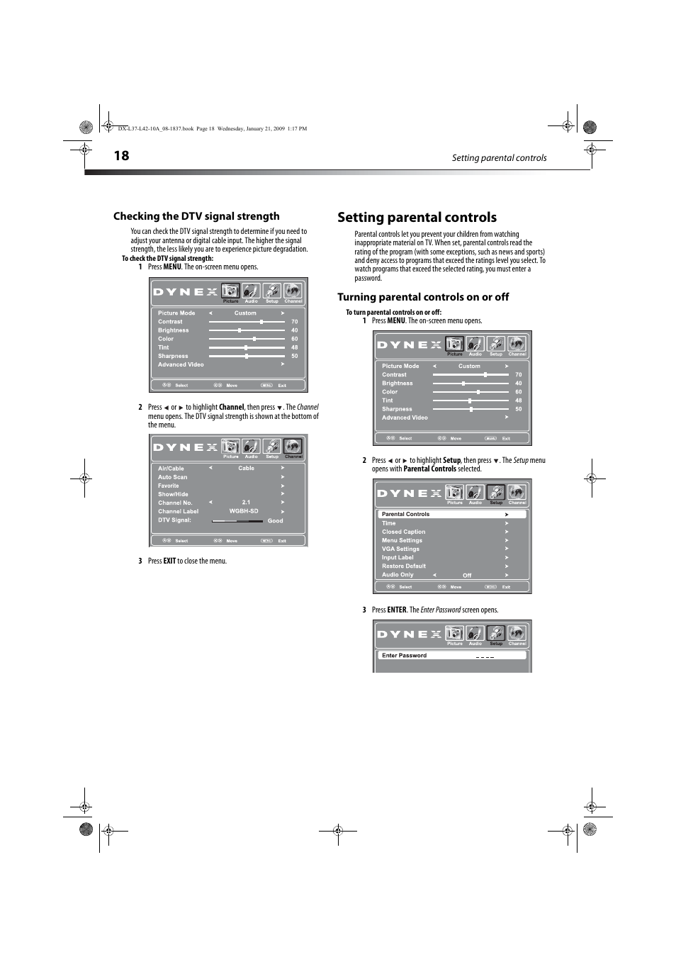 Checking the dtv signal strength, Setting parental controls, Turning parental controls on or off | Dynex DX-L37-10A User Manual | Page 21 / 36