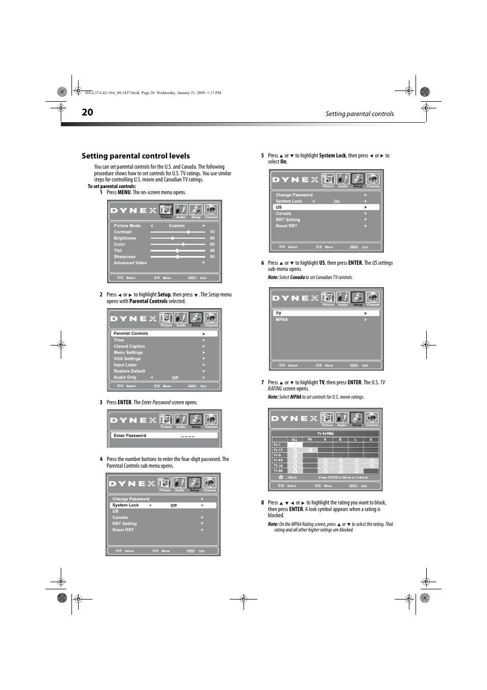 Setting parental control levels | Dynex DX-L37-10A User Manual | Page 23 / 36