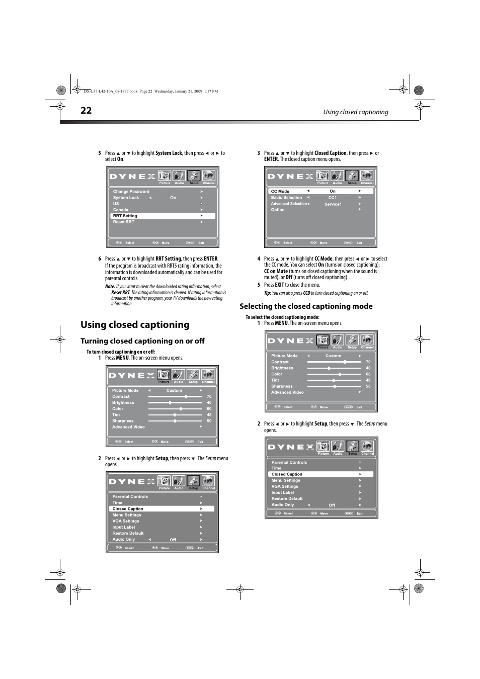 Using closed captioning, Turning closed captioning on or off, Selecting the closed captioning mode | Ge 22 or “selecting the closed captioning mode | Dynex DX-L37-10A User Manual | Page 25 / 36