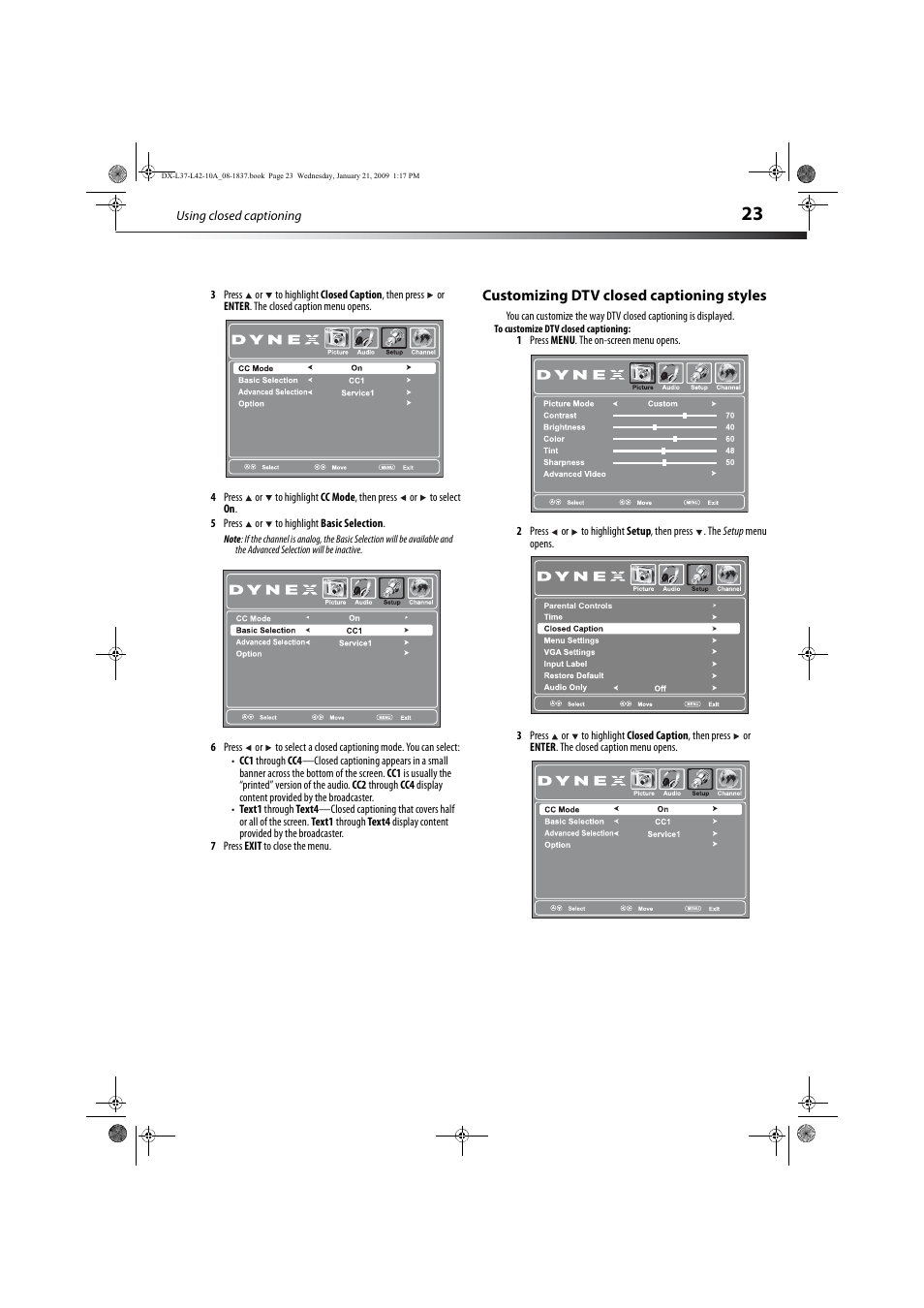 Customizing dtv closed captioning styles | Dynex DX-L37-10A User Manual | Page 26 / 36