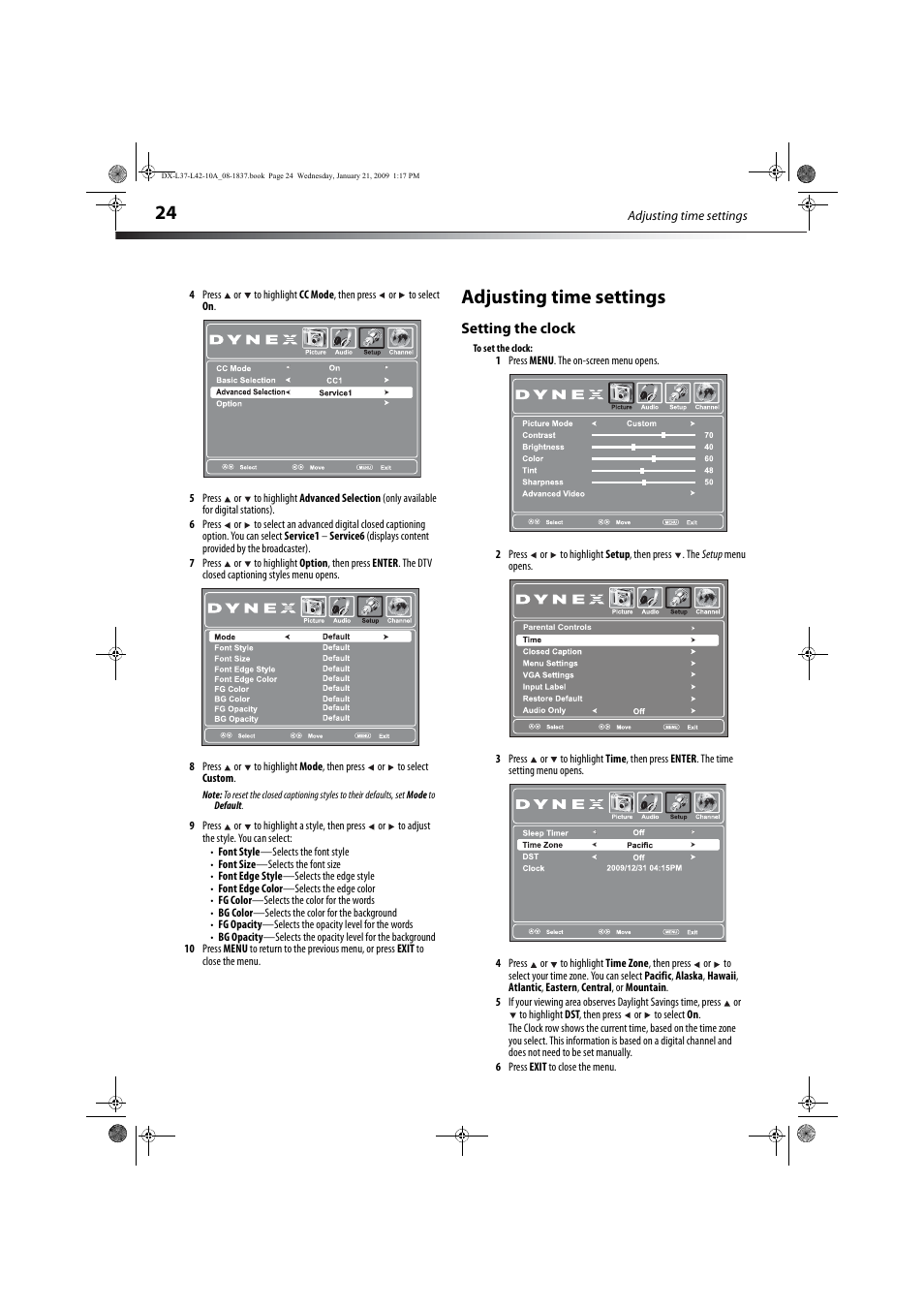 Adjusting time settings, Setting the clock | Dynex DX-L37-10A User Manual | Page 27 / 36