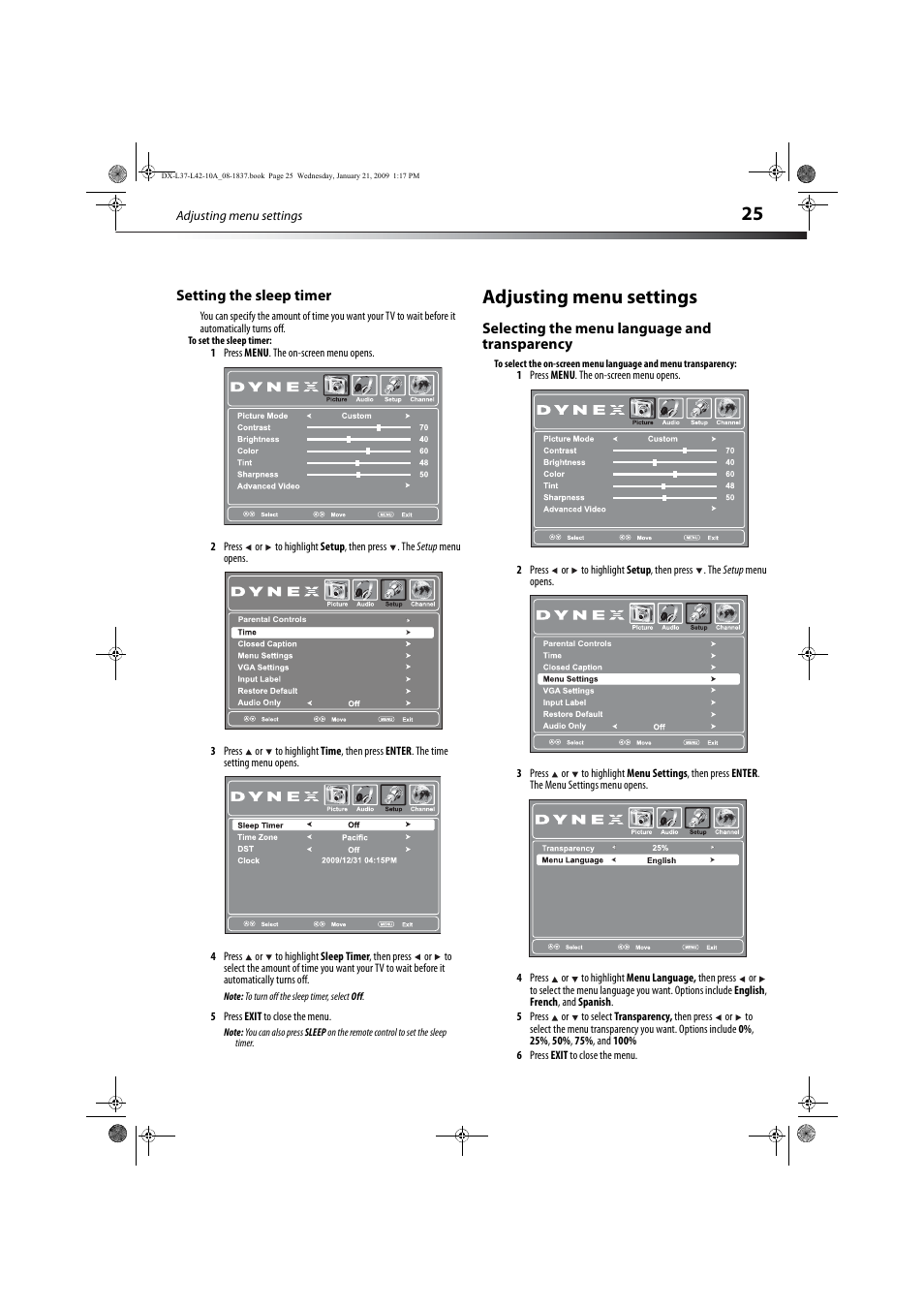 Setting the sleep timer, Adjusting menu settings, Selecting the menu language and transparency | Dynex DX-L37-10A User Manual | Page 28 / 36