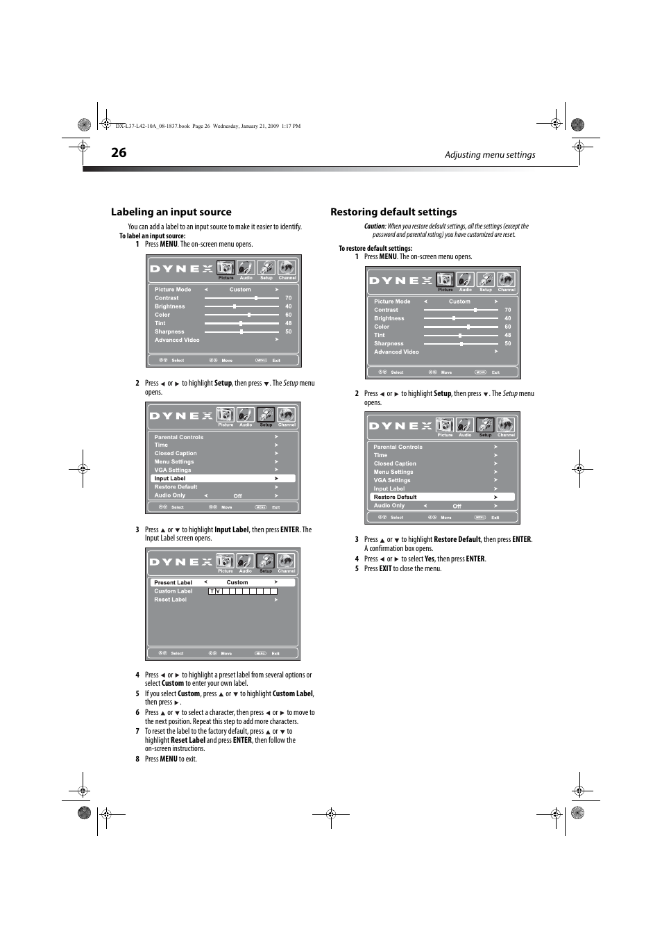 Labeling an input source, Restoring default settings | Dynex DX-L37-10A User Manual | Page 29 / 36