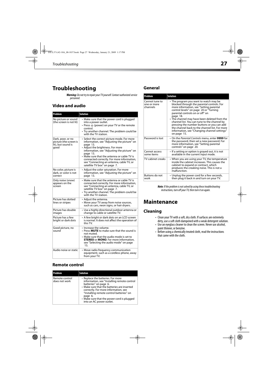 Troubleshooting, Video and audio, Remote control | General, Maintenance, Cleaning, Video and audio remote control general, 27 troubleshooting | Dynex DX-L37-10A User Manual | Page 30 / 36