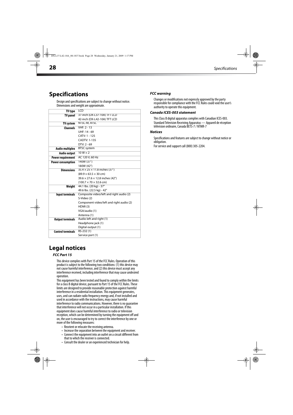 Specifications, Legal notices, Fcc part 15 | Fcc warning, Canada ices-003 statement, Notices | Dynex DX-L37-10A User Manual | Page 31 / 36