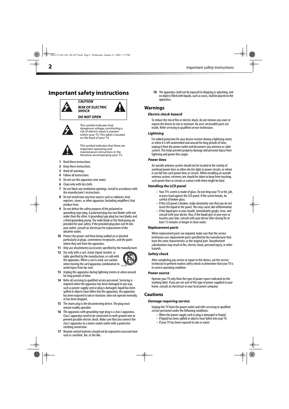 Important safety instructions, Caution, Risk of electric shock | Do not open, Warnings, Electric shock hazard, Lightning, Power lines, Handling the lcd panel, Replacement parts | Dynex DX-L37-10A User Manual | Page 5 / 36