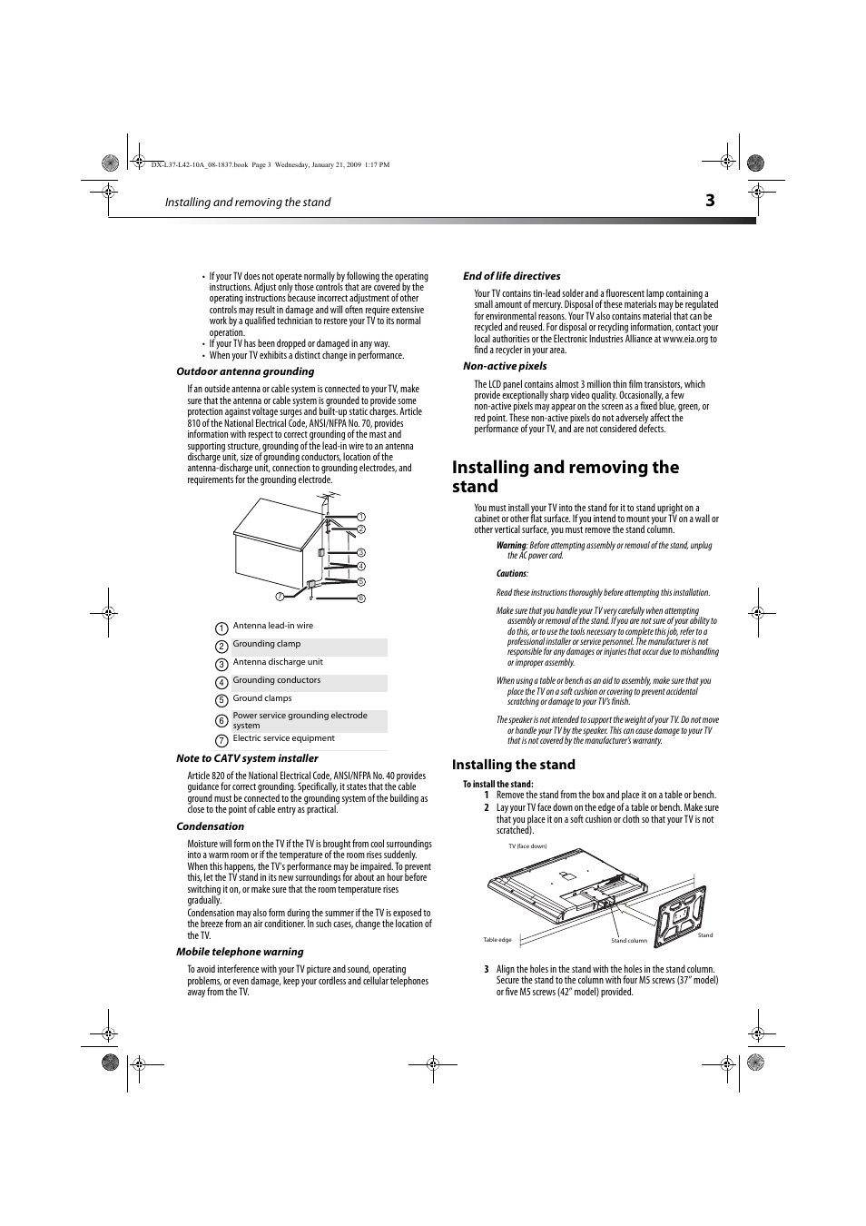 Outdoor antenna grounding, Note to catv system installer, Condensation | Mobile telephone warning, End of life directives, Non-active pixels, Installing and removing the stand, Installing the stand | Dynex DX-L37-10A User Manual | Page 6 / 36