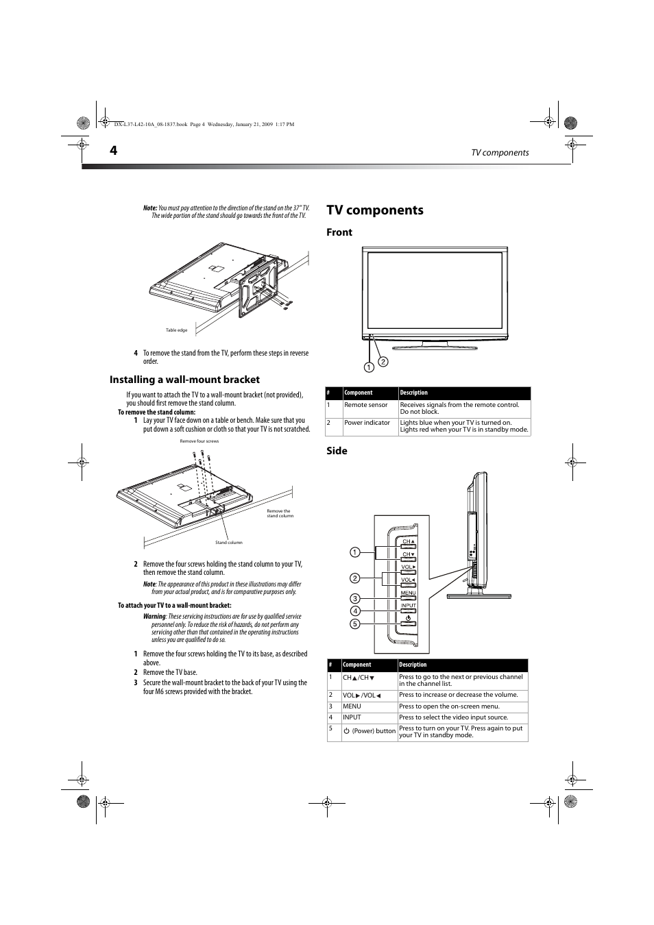 Installing a wall-mount bracket, Tv components, Front | Side, Front side | Dynex DX-L37-10A User Manual | Page 7 / 36