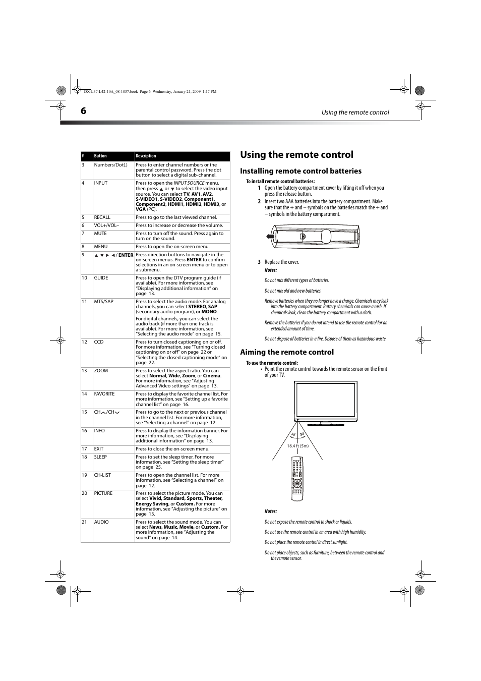 Using the remote control, Installing remote control batteries, Aiming the remote control | Dynex DX-L37-10A User Manual | Page 9 / 36