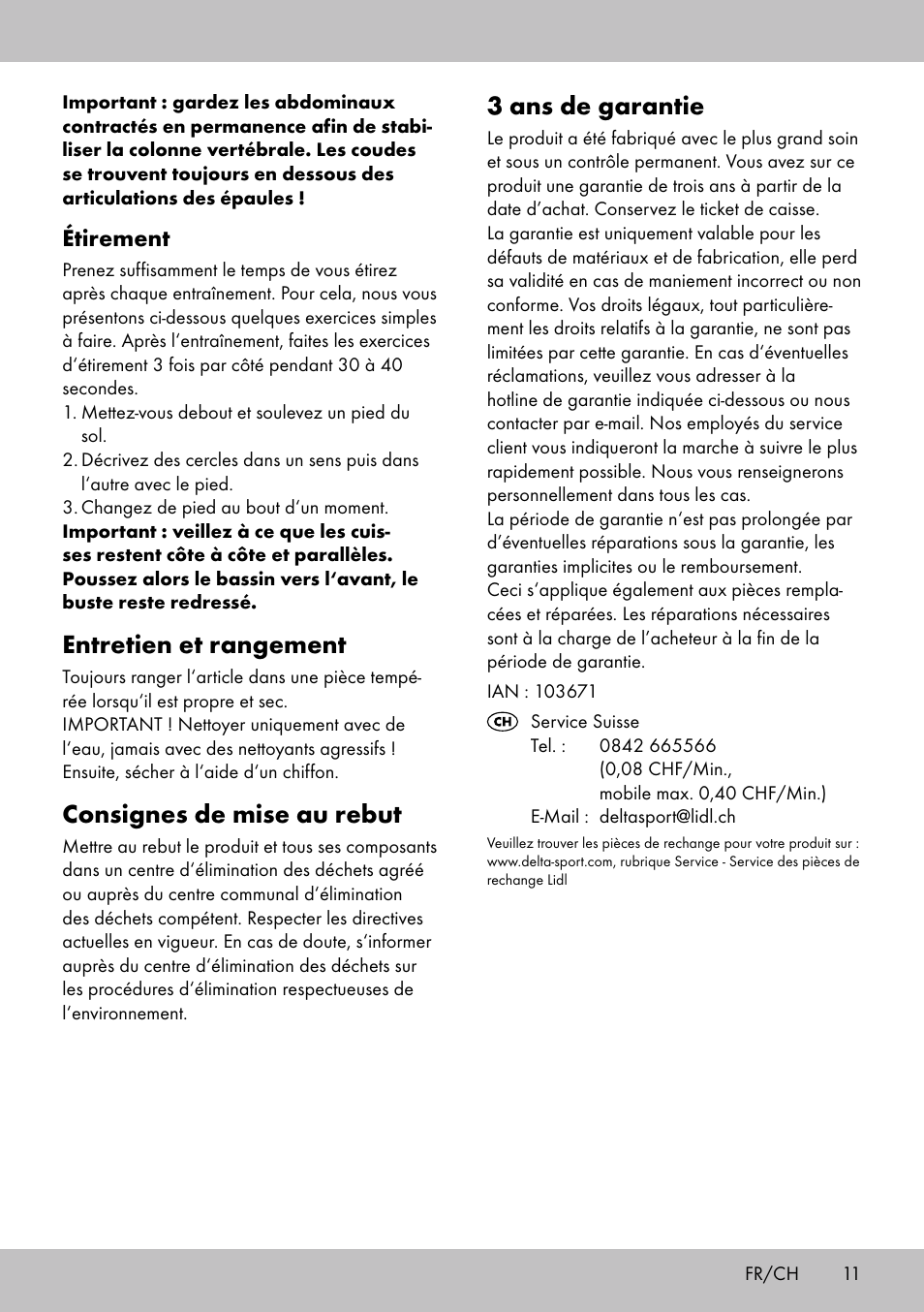 Entretien et rangement, Consignes de mise au rebut, 3 ans de garantie | Étirement | Crivit BB-1789 User Manual | Page 11 / 20