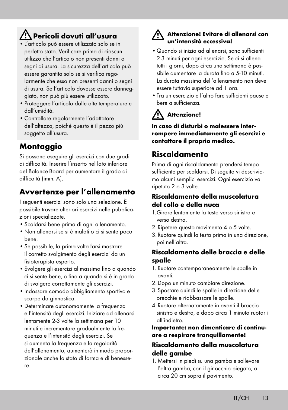 Riscaldamento, Montaggio, Avvertenze per l’allenamento | Pericoli dovuti all’usura | Crivit BB-1789 User Manual | Page 13 / 20