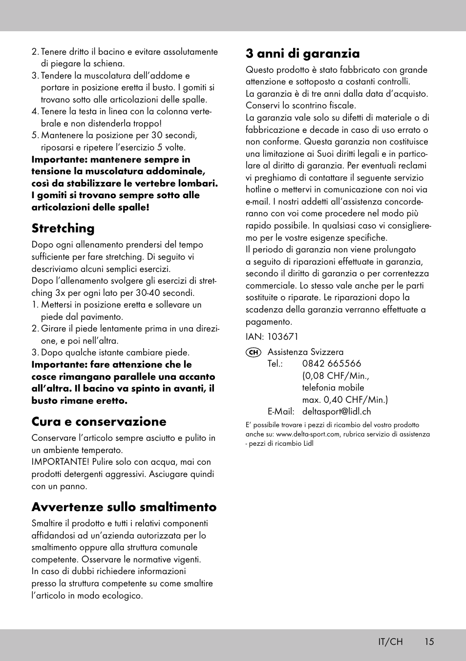 Stretching, Cura e conservazione, Avvertenze sullo smaltimento | 3 anni di garanzia | Crivit BB-1789 User Manual | Page 15 / 20