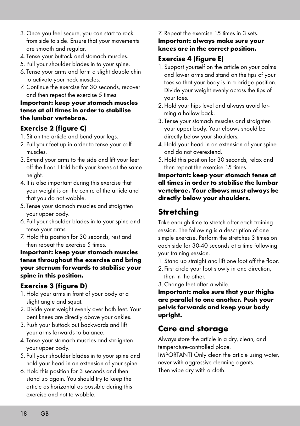 Stretching, Care and storage | Crivit BB-1789 User Manual | Page 18 / 20