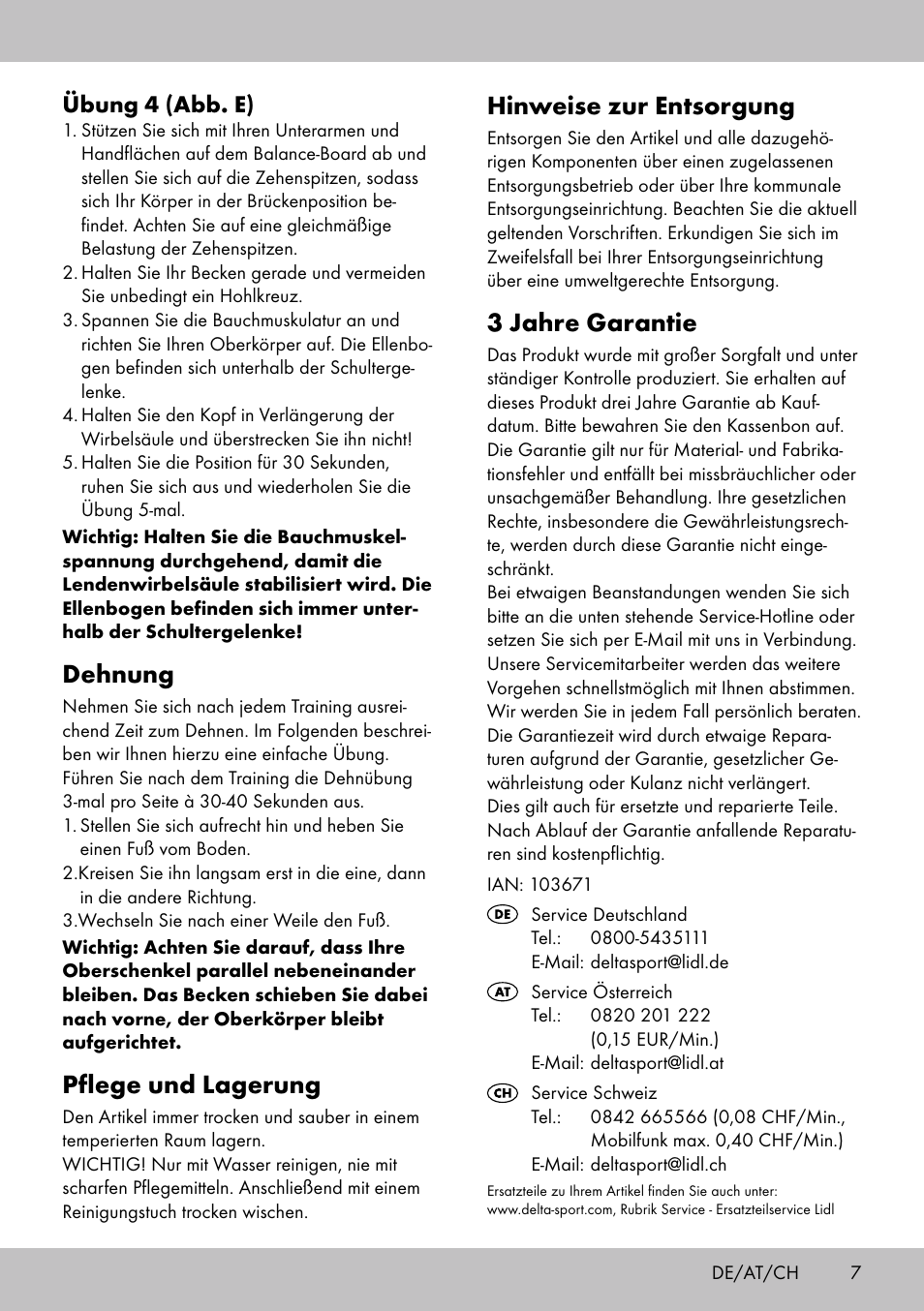 Dehnung, Pflege und lagerung, Hinweise zur entsorgung | 3 jahre garantie, Übung 4 (abb. e) | Crivit BB-1789 User Manual | Page 7 / 20